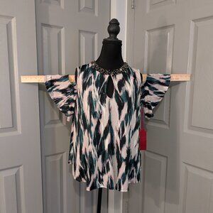 Jennifer Lopez Cold Shoulder Beaded Collar Top